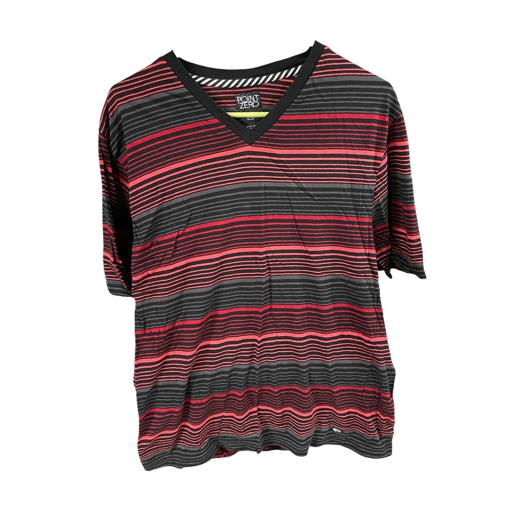 Point Zero Mens XL V-Neck T-Shirt Red Grey Black Striped Short Sleeve Cotton Tee